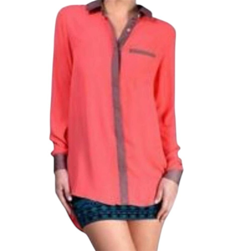 FREE PEOPLE Coral and Brown Color Block Button-up Blouse Hi-Lo Small Petite